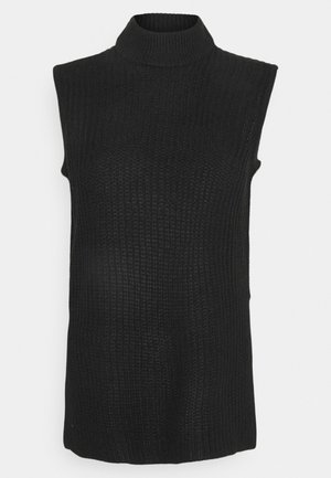 Černý bezrukávový rolák s texturovaným pleteným vzorem, vysokým límcem a volným střihem.