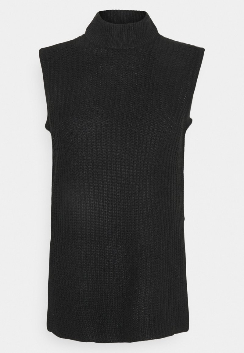 Haut sans manches noir en col roulé avec un motif en tricot texturé, dotée d'un col haut et d'une coupe décontractée.