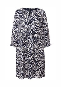Navy- und weiße Kleid mit einem Zebra-Streifenmuster, langen Ärmeln, einem runden Ausschnitt mit einem Schlüsselaugenausschnitt und gerafften Taillendetails.