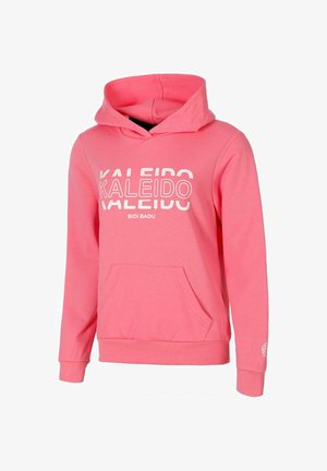 Roze hoodie met capuchon, voorzak en witte tekst "KALEIDO BIDI BADU" over de borst, lange mouwen en geribbelde boorden.