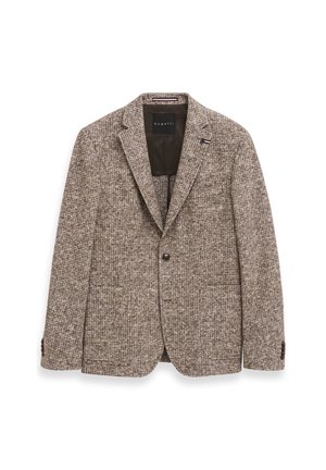 Brauner Blazer mit Struktur und Hahnentrittmuster, taillierte Passform, einreihiger Knopfverschluss und Reverskragen. Etikett innen sichtbar.