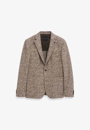 Brauner Blazer mit Struktur und Hahnentrittmuster, taillierte Passform, einreihiger Knopfverschluss und Reverskragen. Etikett innen sichtbar.