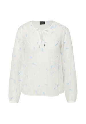 Blouse blanche à manches longues avec broderie florale bleu clair et un col à nouer à l'avant, dotée de poignets élastiques et d'une coupe ample.