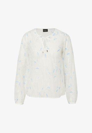 Biała bluzka z długim rękawem z jasnoniebieską kwiatową haftowaną dekoracją i wiązaniem na dekolcie z przodu, posiadająca elastyczne mankiety i luźny krój.