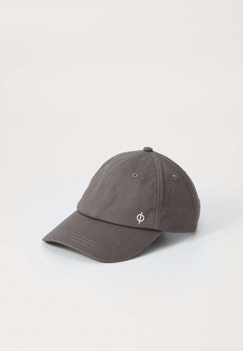 Gray baseball cap made of fabric, featuring six stitched panels, a curved brim, and a small embroidered logo on the front left.
