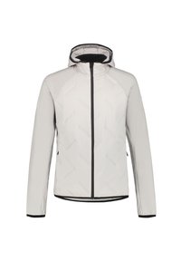 Chaqueta con capucha de color gris claro con cremallera frontal, presenta acentos en negro, textura geométrica y mangas largas. Material suave con un diseño deportivo.