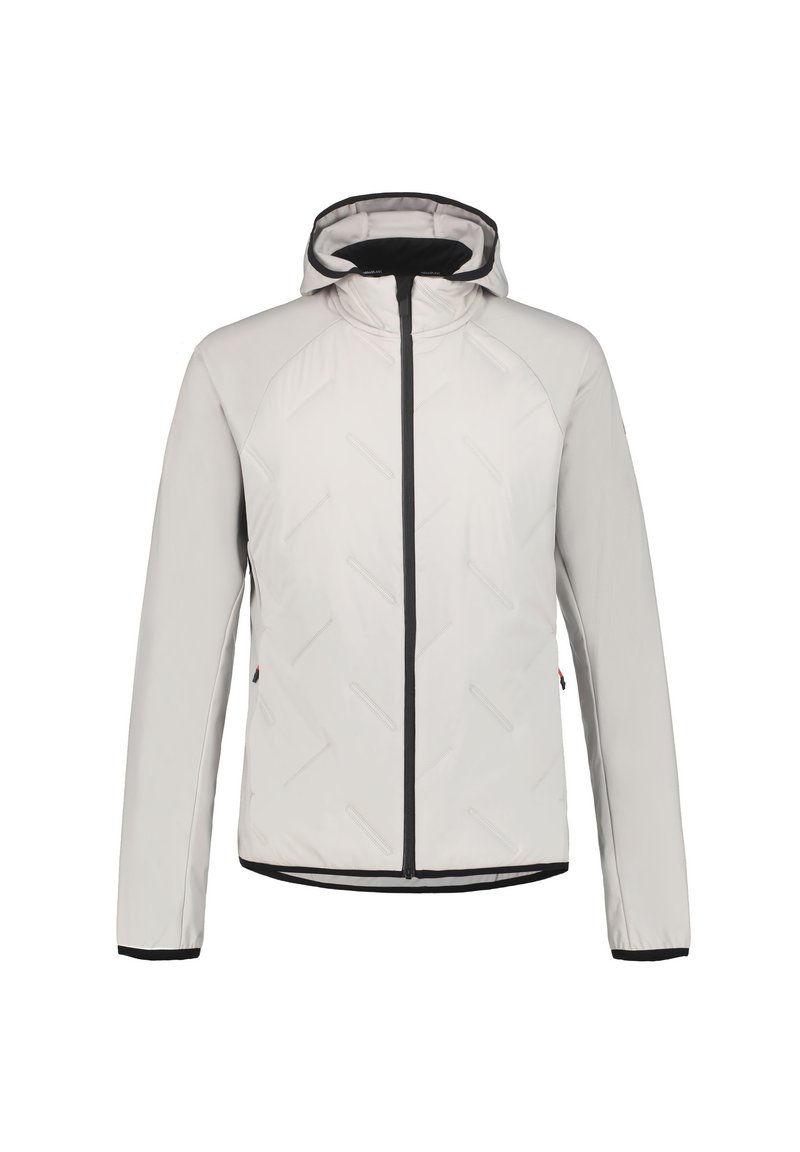 Chaqueta con capucha de color gris claro con cremallera frontal, presenta acentos en negro, textura geométrica y mangas largas. Material suave con un diseño deportivo.