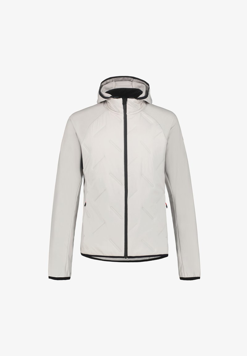 Hellgraue Kapuzenjacke mit Reißverschluss, ausgestattet mit schwarzen Akzenten, geometrischer Textur und langen Ärmeln. Weiches Material mit sportlichem Design.