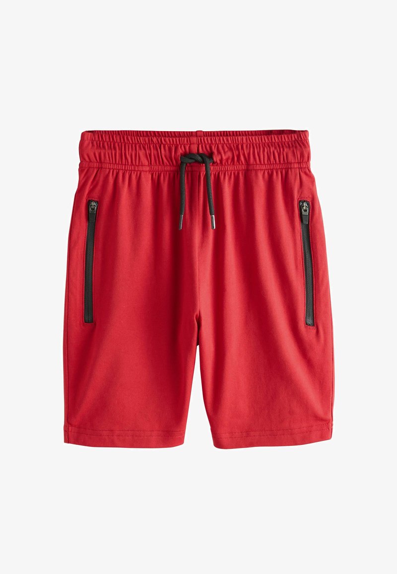 Shorts décontractés rouges avec ceinture élastique, cordon de serrage noir et deux poches verticales zippées à l'avant.
