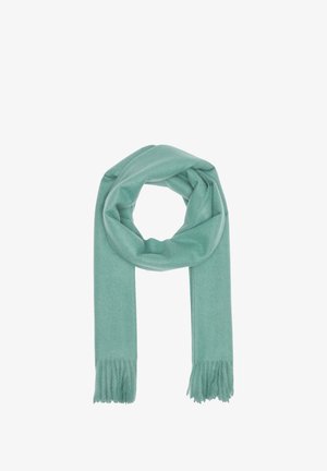 Écharpe bleu-vert clair avec une texture douce, dotée de franges aux extrémités et d'un design lisse, adaptée pour un style polyvalent et la chaleur.