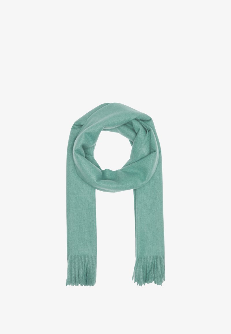 Helles türkisfarbenes Schal mit weicher Textur, fransenartigen Enden und einem schlichten Design, geeignet für vielseitige Stylings und Wärme.
