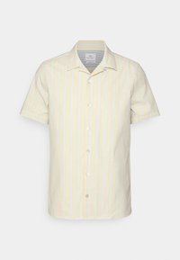 Camicia a maniche corte con bottoni di colore giallo chiaro e righe verticali. Caratterizzata da un colletto a punta e cinque bottoni frontali. Realizzata in tessuto misto cotone.