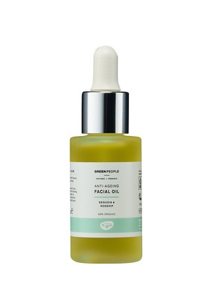 Green People Anti-Ageing Facial Oil in a clear glass bottle, yellow liquid, silver dropper. White and green label with text and logos.