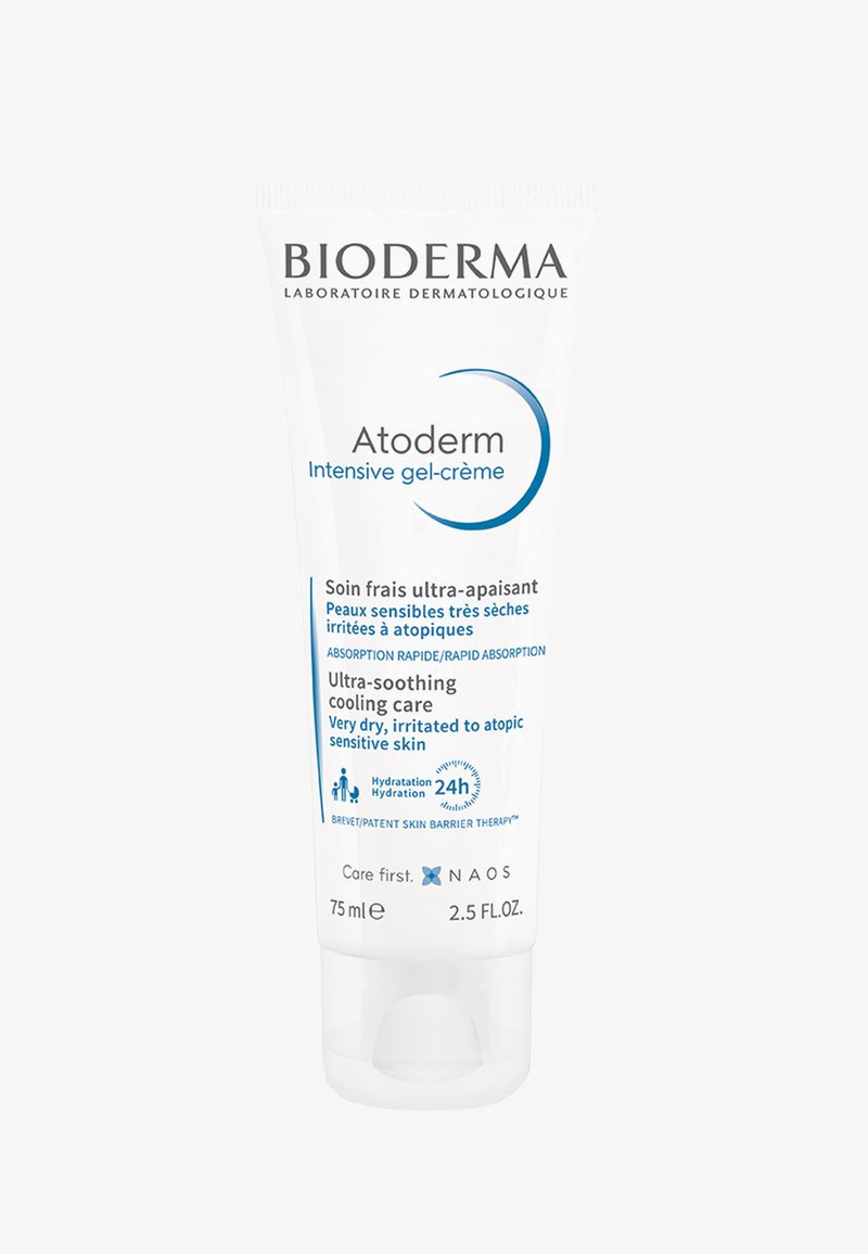 Bioderma Atoderm Intensive gel-cream tube for ultra-soothing, rapid absorption on very dry, irritated, atopic sensitive skin, 75 ml packaging.