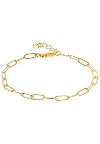 Bracciale in oro con anelli ovali allungati interconnessi e un gancio sicuro con estensione della catena regolabile per la personalizzazione della misura.