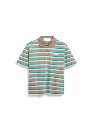 Beige polo met korte mouwen met horizontale turquoise en witte strepen en een klein wit rechthoekig logo op de borst.
