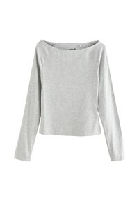 Hellgraues Langarmshirt mit weitem Rundhalsausschnitt, gerippter Textur und Raglanärmeln, gestaltet mit lockerem Schnitt und geradem Saum.