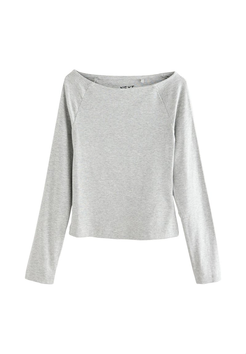 Hellgraues Langarmshirt mit weitem Rundhalsausschnitt, gerippter Textur und Raglanärmeln, gestaltet mit lockerem Schnitt und geradem Saum.