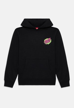 Svart hettegenser laget av mykt stoff, med en frontlomme og en fargerik grafisk logo på brystet i rosa og grønn.