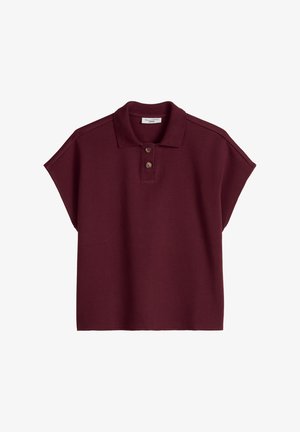 Short-sleeve burgundy polo shirt with two buttons and a classic collar, laid flat on a white background.