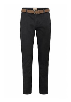 Black trousers made from durable fabric, featuring a slim fit, classic five-pocket design, and a brown leather belt with a metal buckle.
