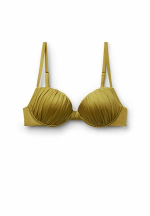 Olivengrøn polstret bh med rynkede stofdetaljer og justerbare skulderstropper, vist på hvid baggrund.