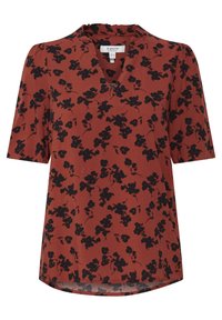 Blouse couleur rouille avec un motif floral noir. Manches courtes, décolleté en V léger et coupe décontractée avec un ourlet arrondi.