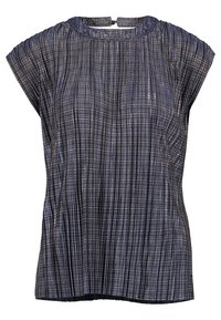 Navy pleated top with short sleeves, round neckline, and a textured surface featuring vertical lines and a keyhole back closure.