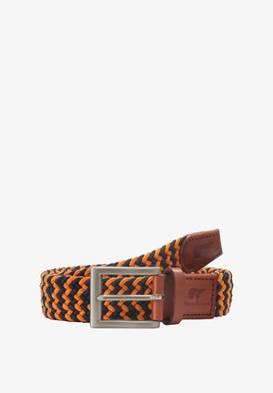 Ceinture tissée en bleu marine et orange avec une boucle en métal. Comprend des accents en cuir et un design texturé et flexible pour un ajustement réglable.
