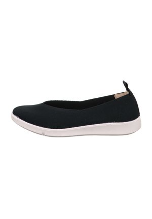 Schwarze Mesh-Slipper mit niedrigem Profil und abgerundeten Zehen, ausgestattet mit einer weißen Gummisohle und einer kleinen Fersenlasche auf der Rückseite.