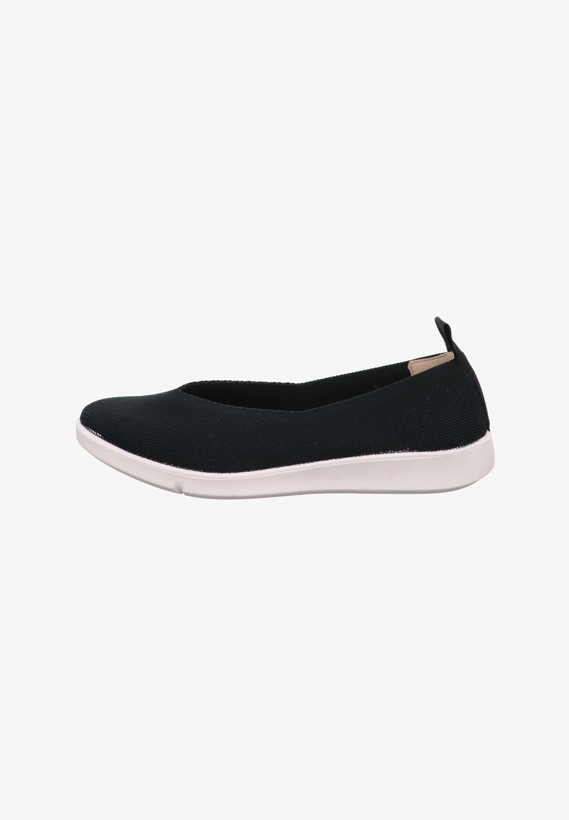 Schwarze Mesh-Slipper mit niedrigem Profil und abgerundeten Zehen, ausgestattet mit einer weißen Gummisohle und einer kleinen Fersenlasche auf der Rückseite.