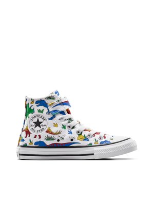 Witte hoge sneakers met kleurrijke dinosaurpatronen en groene accenten. Beschikt over een zwarte rubberen zool en het iconische Chuck Taylor-logo.