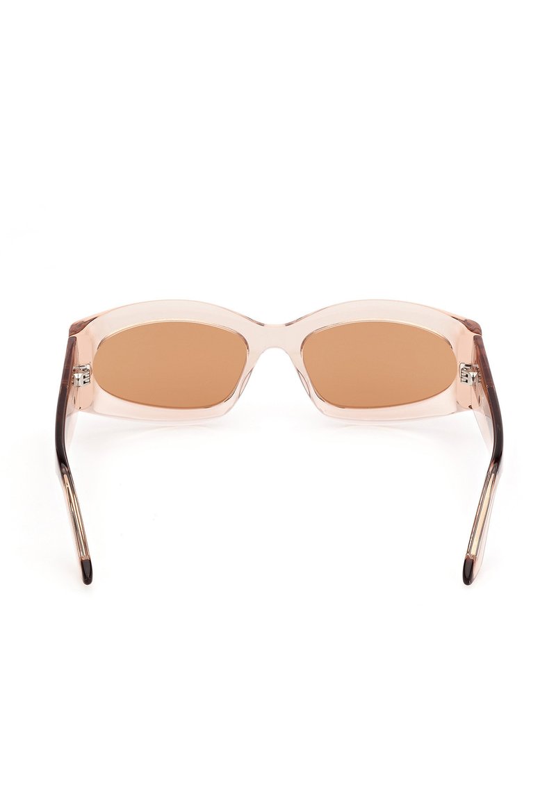 Stylish sunglasses with a transparent pink frame, brown tinted lenses, and dark brown temples. Features a subtle curve in design.