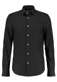 Camicia nera a maniche lunghe in tessuto morbido, con colletto classico e sei bottoni bianchi lungo la parte frontale. Vestibilità sagomata con polsini abbottonati.