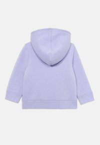 Vista posteriore di una felpa semplice di colore viola chiaro per bambini piccoli, con maniche lunghe e cappuccio, su sfondo bianco.