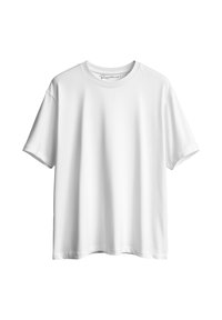 Witte T-shirt met korte mouwen in een ontspannen fit, gemaakt van een gladde, lichte stof. Ronde halslijn, eenvoudig ontwerp en geen zichtbare patronen of logo's.