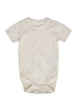 Kurzärmliger Baby-Body aus weichem cremefarbenen Stoff, der mit einem wiederholten babygerechten Muster aus pinken und grünen Formen gestaltet ist. Enthält Druckknöpfe.