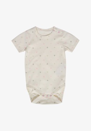 Kortærmet babybody i blødt cremefarvet stof med et gentaget spædbarnsvenligt mønster af lyserøde og grønne former. Inklusiv trykknapper.