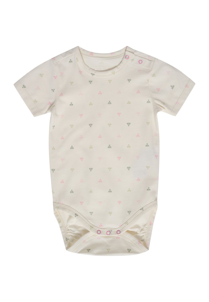 Kortärmad babydress i mjukt krämfärgat tyg med ett upprepat spädbarns-vänligt mönster av rosa och gröna former. Inkluderar tryckknappar.