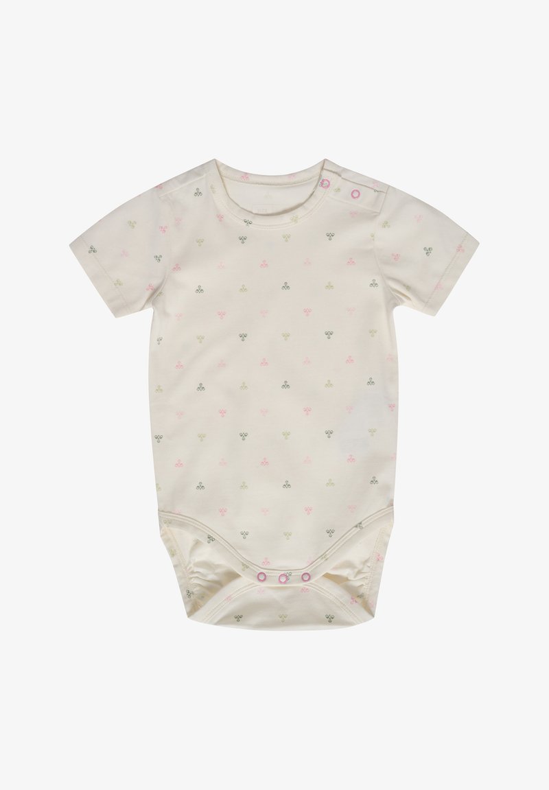 Kortärmad babydress i mjukt krämfärgat tyg med ett upprepat spädbarns-vänligt mönster av rosa och gröna former. Inkluderar tryckknappar.