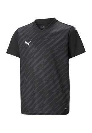 Schwarzes Puma Sportshirt mit kurzen Ärmeln, dunklen geometrischen Mustern, V-Ausschnitt und weißem Puma-Logo auf der Brust und am rechten Ärmel.