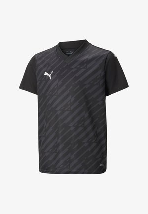 Schwarzes Puma Sportshirt mit kurzen Ärmeln, dunklen geometrischen Mustern, V-Ausschnitt und weißem Puma-Logo auf der Brust und am rechten Ärmel.