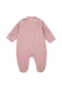 Rosa Samt-Babykombination mit langen Ärmeln, weichem Textil, rundem Kragen und Fußdesign. Nahtlos genäht und ohne sichtbare Verschlüsse.