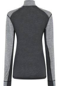 Langærmet sportstrøje med en mørkegrå mesh-bag, lysegrå ærmer og høj krave. Teksturstof med kontrasterende sømme.