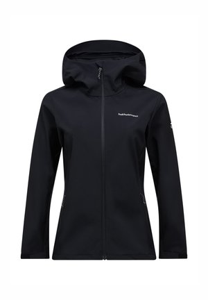 Sort softshelljakke med hætte, fuld lynlås foran, lynlåslommer i siderne og lille hvid "Peak Performance"-logo på bryst og ærme.