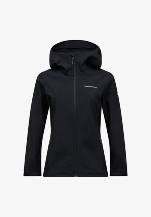 Sort softshelljakke med hætte, fuld lynlås foran, lynlåslommer i siderne og lille hvid "Peak Performance"-logo på bryst og ærme.