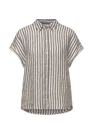 Kortærmet skjorte med knapper med lodrette brune og hvide striber og en klassisk krave, lavet af let stof.