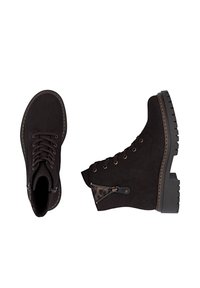 Bottines noires à lacets avec fermeture éclair latérale et semelle épaisse à crampons, présentées vues de dessus et de côté sur fond blanc.