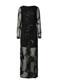 Must pikkade varrukatega kleit, millel on tikitud lillemustrid, läbipaistev kangas, ümara kaelusega ja põrandani ulatuva istuva siluetiga.