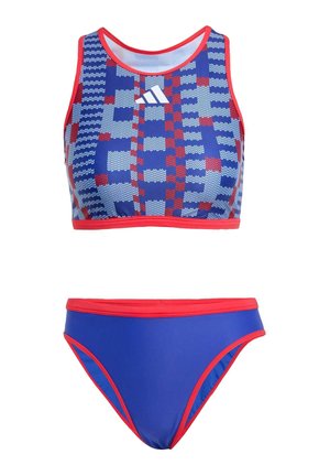Blauwe en rode gebloemde bikini-set met een crop top met een ronde halslijn en bijpassende low-rise bottoms. Gemaakt van gladde, rekbare stof.